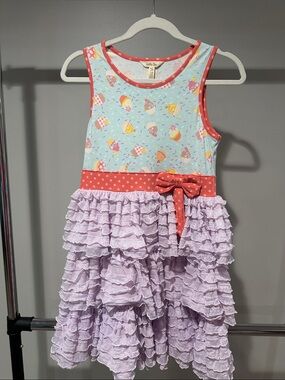 Matilda Jane Light Blue & Lilac Cupcake Ruffle Dress with Coral Bow size 14